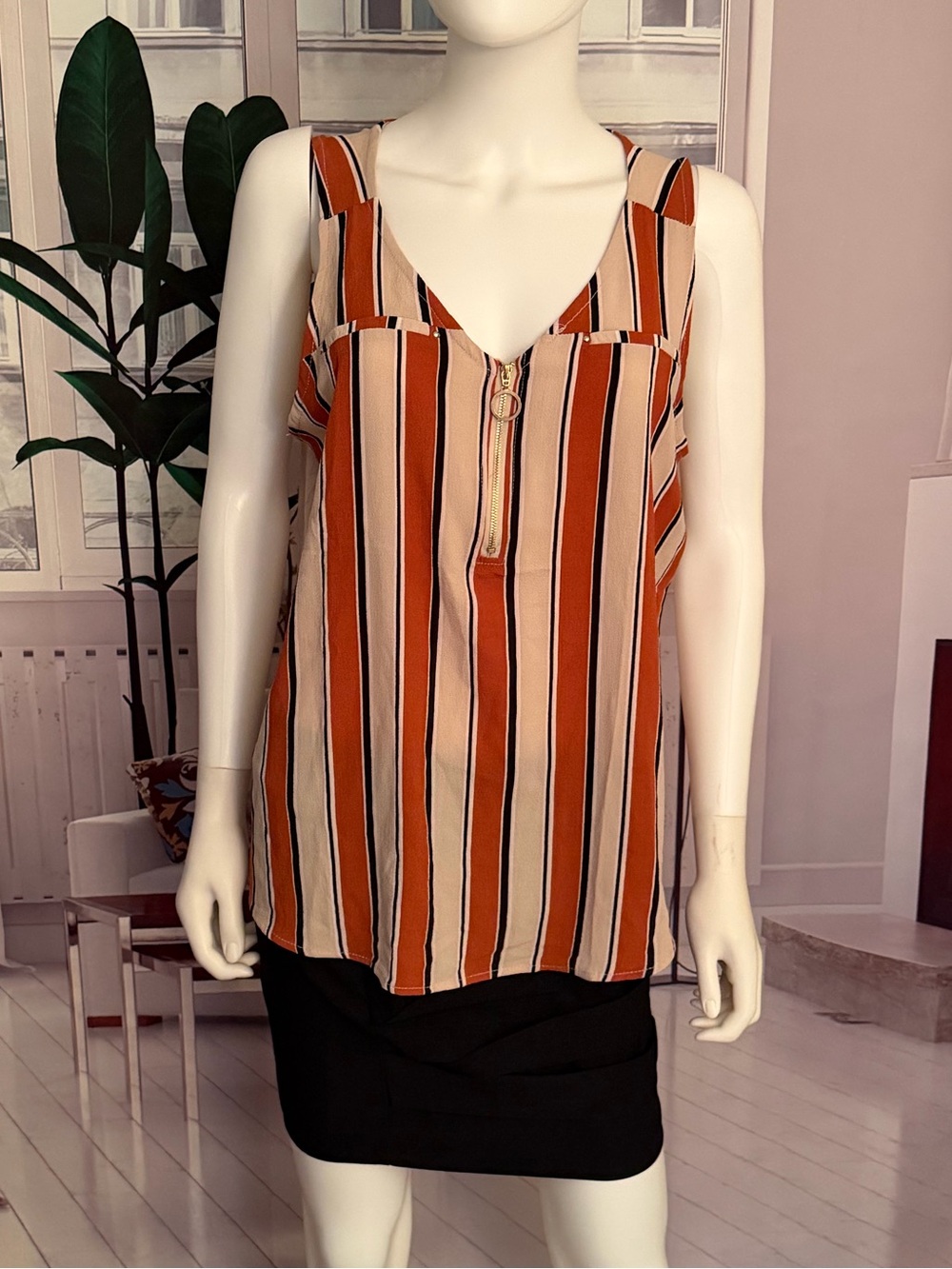 Tempted Vertical Striped Sleeveless Top With Half Zipper Top